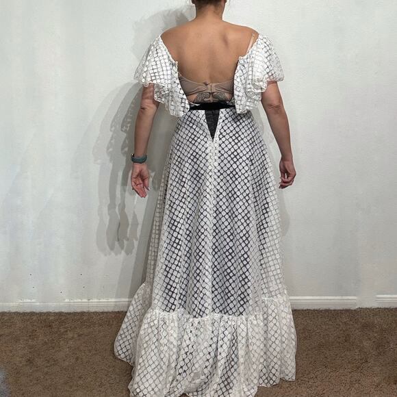 Les Wilk White Lace Ruffle Overlay Velvet Belted 70's Maxi Dress Sz M - Picture 9 of 11